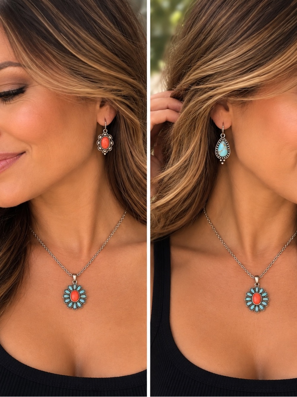 Turquoise & Coral Floral Pendant Necklace and 2 Earrings Sets - Fashion Jewelry